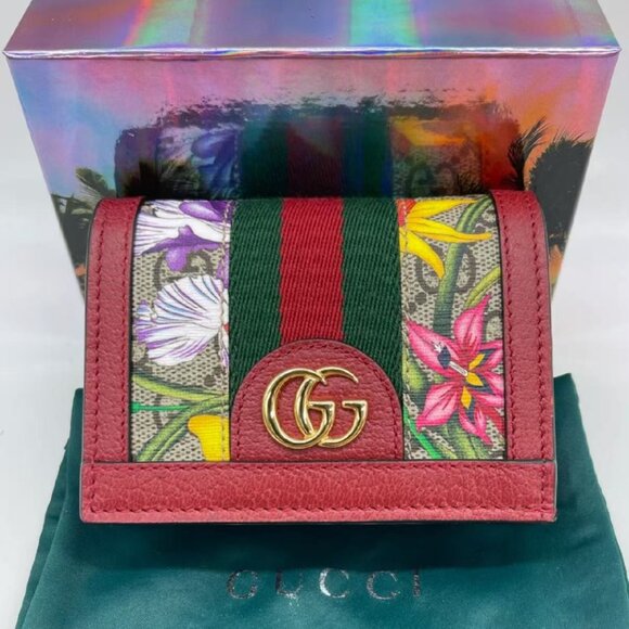 NIB Authentic Gucci Ophidia GG Card Case Floral Stripe Mini Wallet - Picture 1 of 6